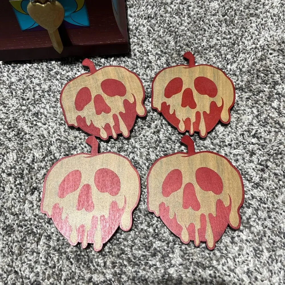 Disney Parks Snow White Heart Box 4 Piece Poison Apple Coaster Set NIB See Note